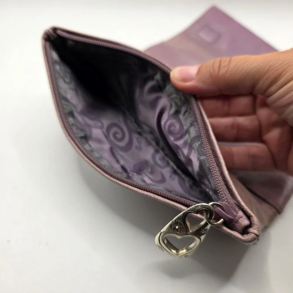 Brighton Lavender Purple Soft Leather Trifold Wallet Braided Heart Zipper Pull